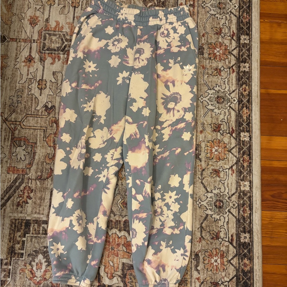 adidas Floral Track Pants - Blue and Cream